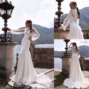Lange bruiloft Pentelei-jurken High-Neck mouw A-Line kant Appliqued Beach Bridal Jurk Ruched Satin Custom Made Boho Vestidos de Novia