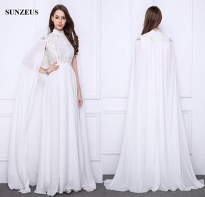 Longues robes de soirée blanches en dentelles robes formelles à col haut avec longue cape en mousseline de mousseline élégante Caftan7595854