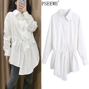 Longue chemise blanche femmes Blouse ourlet irrégulier bouton vers le haut manches femme col mode Streetwear haut 210519