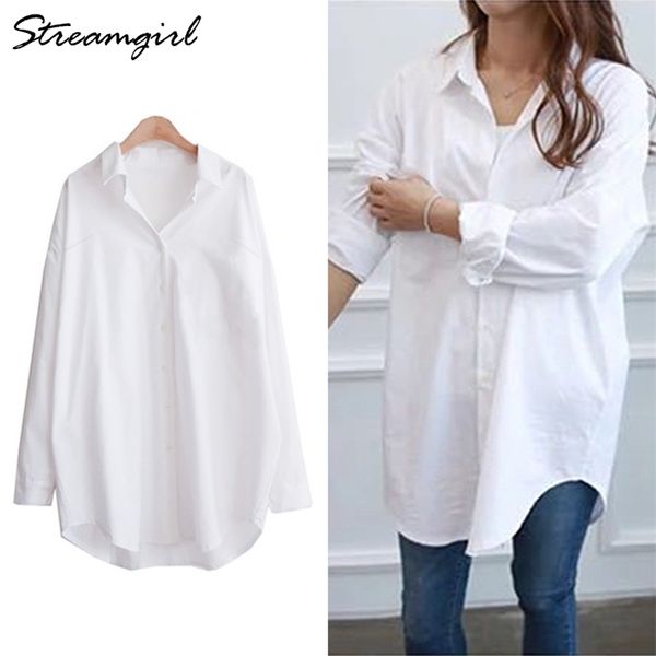 Chemise blanche longue femme chemises oversize à manches longues femmes tuniques tops 5xl chemisier blanc plus taille femme chemisiers en coton plus taille 210303