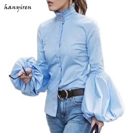 Blusa azul de manga larga y ancha con botones para mujer Blusas con botones Camisas Mujer 2018 Otoño Invierno Moda Tops Cuello alto D18103104
