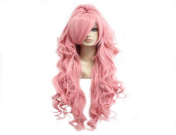 Long Wig Curly Pink Hair Ponytail Cosplay Costume Costume Full Synthétique avec Bangs4516579