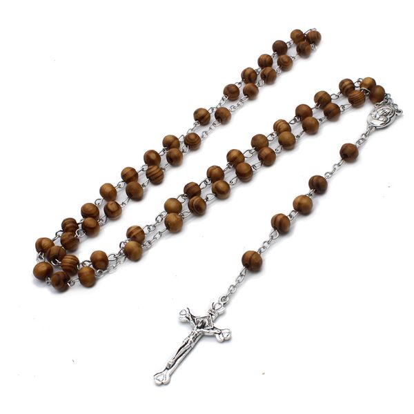 Long bois perles croix chapelet collier religieux jésus prière bijoux cadeau pour hommes femmes