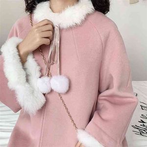 Lange wollen jas zoete warme winter geul vrouwelijke casual japanse stijl overjas bont 210510