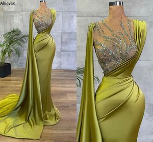 Vert olive brillant soie satin robes de bal avec Wrap Sparkle paillettes longue sirène robes de soirée froncé balayage train femmes deuxième robe de réception formelle CL0299