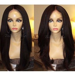 Long yaki cheveux lisses d'apparence naturelle perruque avant de lacet synthétique pleine perruque de cheveux pour les afro-américains woman12-30inch résistant à la chaleur