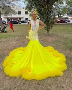 Robe de bal longue en Satin jaune pour filles noires, avec paillettes et perles, à volants en dentelle, robe de soirée d'anniversaire, 2024