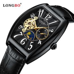 Reloj con correa mecánica impermeable ahuecado completamente automático de la marca Longbo, reloj para hombre