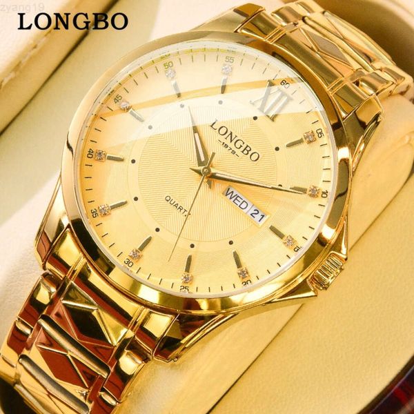 Reloj Longbo personalizado con esfera, reloj de pulsera, reloj de cuarzo, esfera clásica de acero inoxidable dorado para hombres, cristal resistente al agua, lo último en 6mm