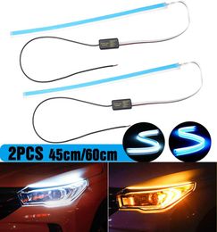 LONGFENG LF56 Flexible Car DRL Running Señal de giro Blanco Ámbar LED Barra de flujo Luz de circulación diurna de silicona Faro Strip9456145