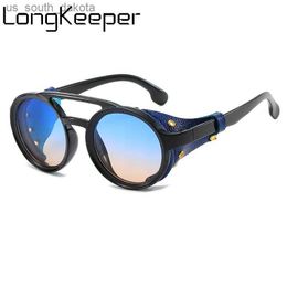 LongKeeper Retro Steampunk Ronde Zonnebril Mannen Stijlvolle Leer Met Zijschilden Zonnebril Vrouwen Shades Punk Bril UV400 L230523