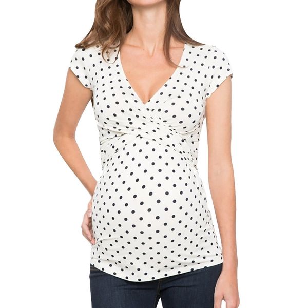 LONSANT Femmes Allaitement Blouse Maternité À Manches Courtes Dot Col En V Tops Sexy Femmes Ajustement Tunique Tee Confortable Pour L'allaitement T-shirt LJ201119