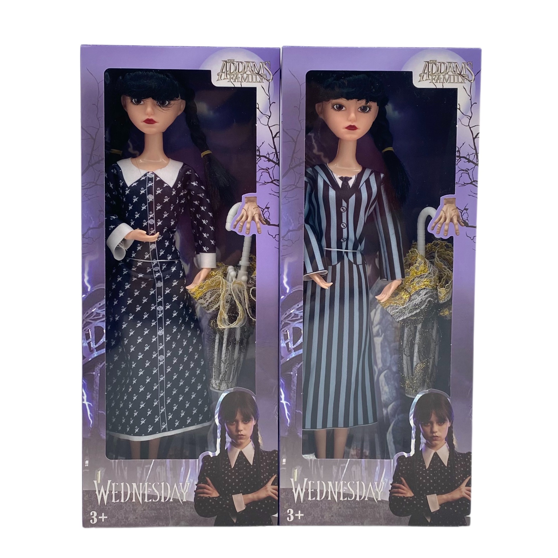 Bonecas Loofamy Wednesday Addams, boneca de plástico da família Addams, 11,5 polegadas, vestido listrado de manga curta, presentes de aniversário para crianças e meninas fãs