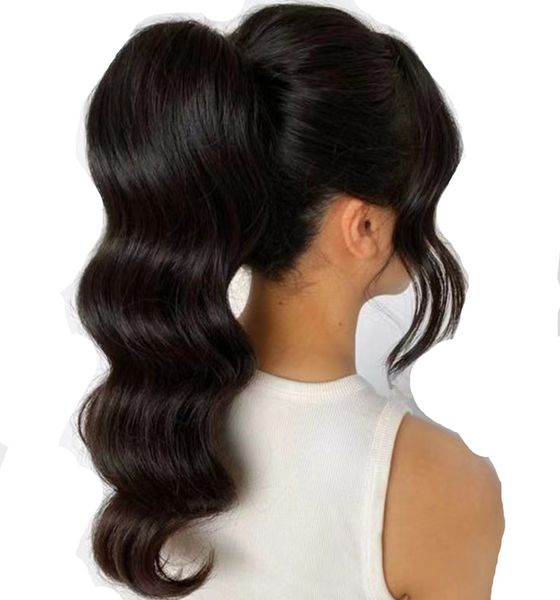 Look belle queue de cheval cheveux humains grande vague de corps queues de cheval coiffure enveloppement cordon remy cheveux queue de cheval postiche 160g/pcs