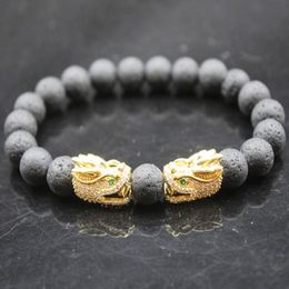 Venta al por mayor Mix Loong Head Beaded Bracelet 8mm Piedra natural Lava CZ Zircon Gold P Beads Bangle Stretch Charm Yoga para mujeres Hombres Lover's Jewelry