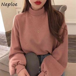 Suéteres holgados de manga acampanada informales que combinan con todo, suéteres de cuello alto dulces elegantes de otoño, sudaderas con capucha cálidas de Color sólido para mujer 210422