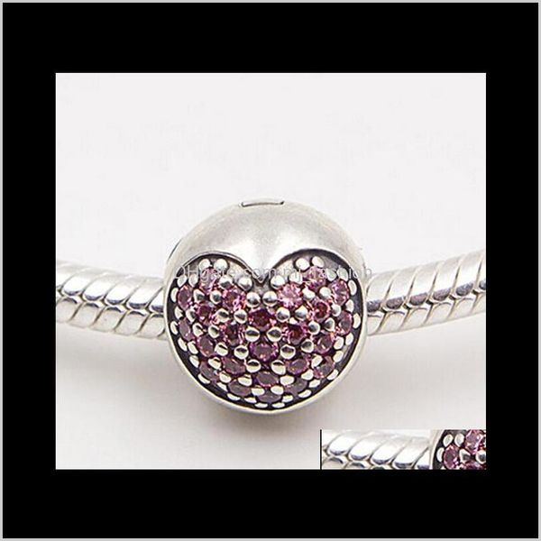 Cuentas sueltas Jewelryauthentic 925 Sterling Sier Pink Pave Heart Clip Charm Bead con circonita cúbica se adapta a pulseras de joyería Pandora europea Ps