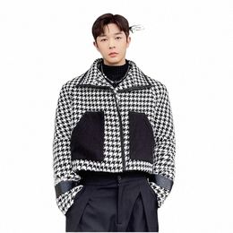 Lâche Casual Houndstooth Veste Hommes Japon Coréen Streetwear Vintage Fi Manteau Court Tendance Chic Veste D'extérieur Homme n6Hf #