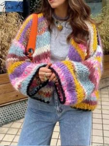 Losse kleurrijke damessweater gebreid herfst winter lang vrouwelijk vest met lantaarnmouwen mode match alle damesvesten