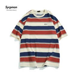 Losse contrasterende kleur korte mouwen gestreepte T-shirts voor mannen en vrouwen in de zomer van 240325