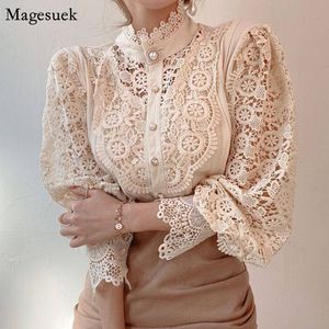 Camisa holgada de encaje blanco de algodón, blusa informal con flores de ganchillo huecas, camisas Vintage de manga larga para mujer, Blusas 12928 210225