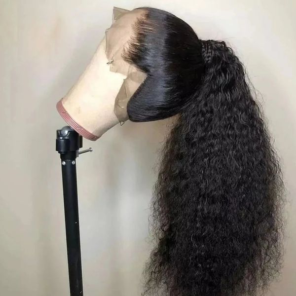 Cola de Caballo rizada suelta sin pegamento, peluca ondulada con agua, pelo sintético con encaje frontal, parte en T, pelucas con diadema, línea de cabello Natural de fibra