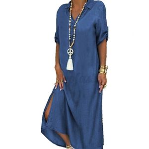 Abito in denim largo da donna vintage mezza manica con spacco laterale scollo a V lungo elegante festa 220613