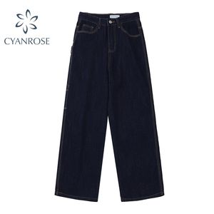 Lâche Denim Pantalon Femmes Cousu Conception Rétro Jambe Large Jeans Streetwear Relax Bleu Foncé Japonais Droite BF Pantalon 210515