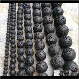 Livraison directe en vrac 2021 de nombreuses tailles 4 mm pour la fabrication de bijoux, pierres précieuses naturelles rondes, perles de lave noires, matériau de roche volcanique, collier Br