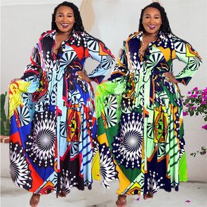 Losse etnische stijl Afrikaanse vrouwen die maxi-jurken drukken, plus maat xl-5xl swing jurk met pocket riem lange mouw shirt jurk275t 275T