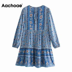 Losse bloemenprint mini vrouwen o hals strikje boho jurk vrouwelijke lange mouw vakantie casual jurken robe femme 210413