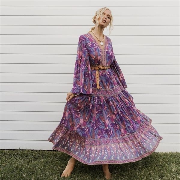 Suelta floral impreso Hippie Maxi vestido de manga larga con cuello en V Vintage Vestido Otoño Verano Casual Beach Boho Mujer Ropa Vestido largo T200604