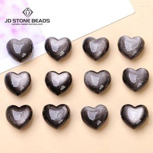 Pierres précieuses en vrac 1 pièce pierre naturelle argent Flash noir obsidienne forme de coeur perle avec trou pour la fabrication de bijoux bricolage bracelet collier accessoire