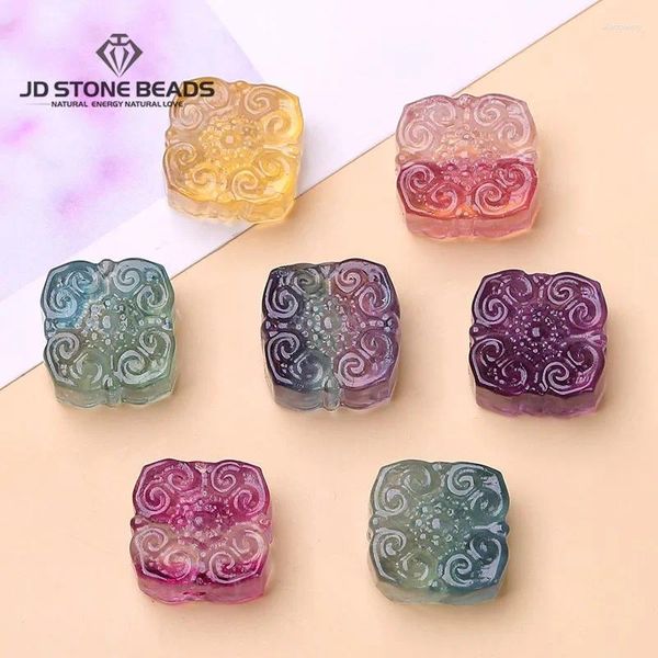 Piedras preciosas sueltas, 10 unidades por lote, piedra de fluorita natural tallada, cuentas de forma cuadrada con agujero, cristal colorido para fabricación de joyas, accesorios de bricolaje