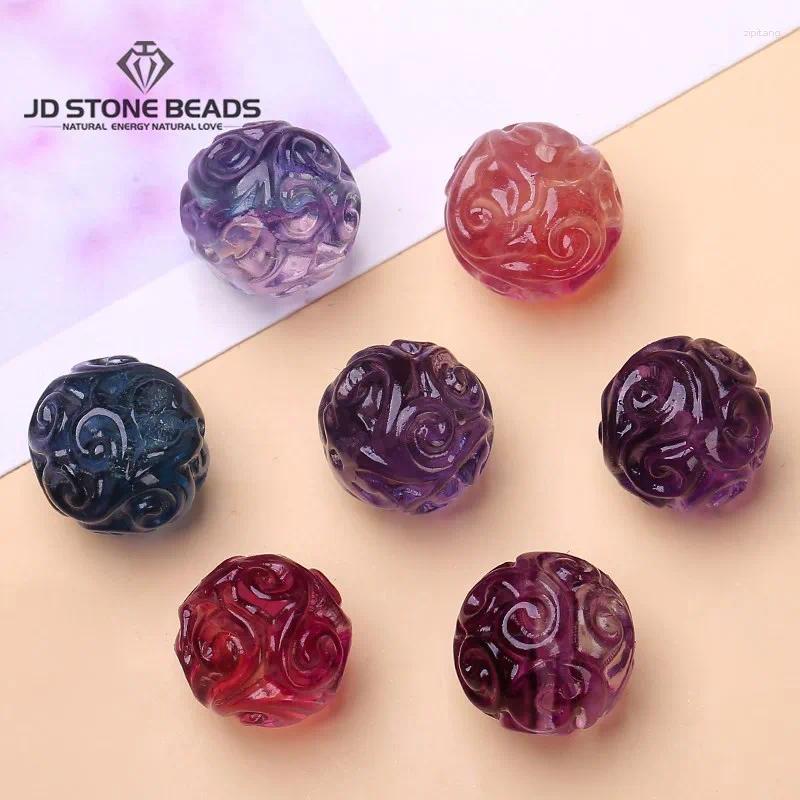 Loose Gemstones 10 Pcs/lot Natural Fluorite Patterned Bead Carved Pendant Random Color With Hole For Jewelry Making Diy Necklace Bracelet