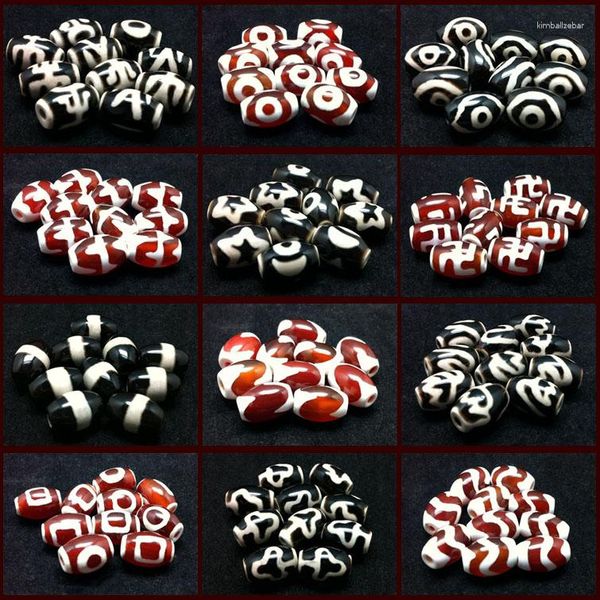 Pierres précieuses en vrac, 10 pièces/lot, perles Dzi 8mm 12mm Svastika/trois yeux/une ligne/motif Ruyi, vente en gros tibétain pour la fabrication de bijoux