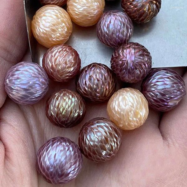 Pierres précieuses en vrac 1 pièce perle sculptée d'eau douce rose violet rond 10-13mm FPPJ gros perles naturelles pour bijoux à bricoler soi-même