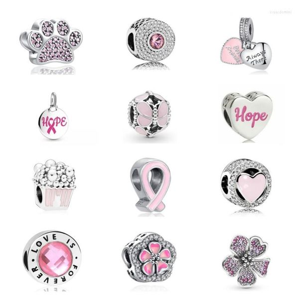 Piedras preciosas sueltas 2023 Pink Friend Ribbon Pave para hacer mujeres Berloque Fit Original Charms 925 Sterling Silver Bracelet Accesorios