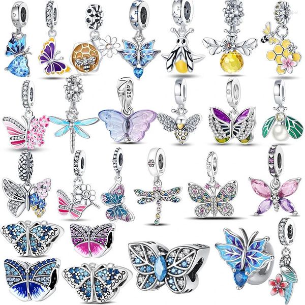 Pierres précieuses en vrac 2024 925 Argent Fit Bracelet original Pave Bee Libellule Sparkling Butterfly Charm Dangle DIY Femmes Bijoux de mode