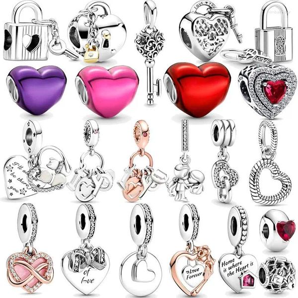 Gemystones en vrac 2024 Valentin's Day 925 Silver Metallic Red Heart Perle Calcose Key Charm Fit S925 Bracelet pour femmes bijoux de bricolage