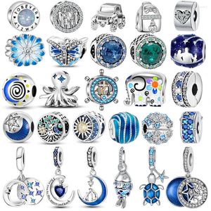 Pierres précieuses en vrac en argent Sterling 925, adaptées aux bracelets originaux, bijoux à breloques, Clip bleu, perle galaxie, série ciel étoilé, pendentif lune