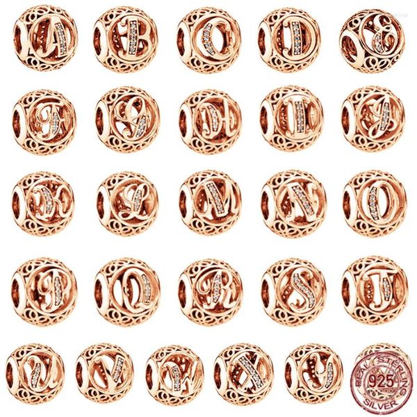 Gemystones en vrac 925 Lettre ouverte en argent sterling A-Z Alphabet Charms Perle Fit Bracelet Bracelet Bangle Rose Gold Plate Bijoux