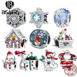 Pierres précieuses en vrac BISAER 925 argent sterling série de Noël charmes flocons de neige pendentif bas Père Noël petit bonhomme de neige perles pour bracelet