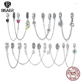 Pierres précieuses en vrac BISAER 925 argent Sterling motif rétro chaîne de sécurité en Silicone licorne trèfle à quatre feuilles Zircon pour les femmes bracelet à bricoler soi-même