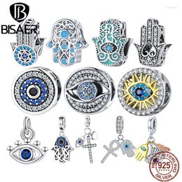 Losse Edelstenen BISAER 925 Sterling Zilver Vintage Blue Demon Eye Charm Bead Hand Van Fatima Hanger Fit Vrouw Originele Armband Fijne DIY