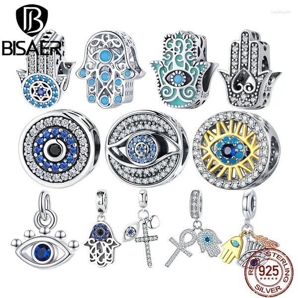 Piedras preciosas sueltas BISAER 925 Plata de ley Vintage Blue Demon Eye Charm Bead Mano de Fátima Colgante Fit Mujer Pulsera original Fine DIY