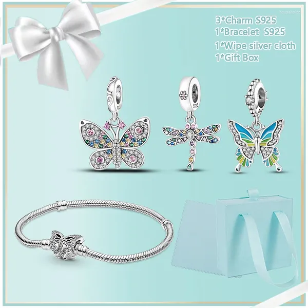 Piedras preciosas sueltas Diasy Plata de ley 925 Serie de insectos Mariposa Libélula Pulsera de luciérnaga Conjunto de dijes con caja verde para regalo de mujer