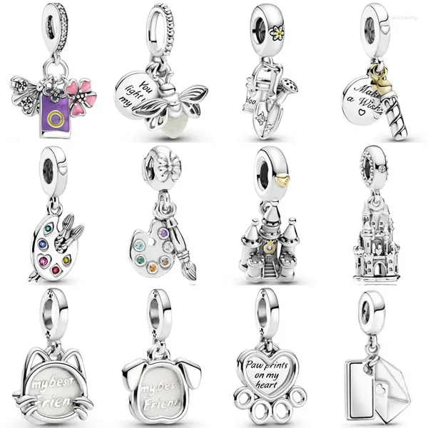 Pierres précieuses en vrac bricolage charme palette d'artiste château mon animal de compagnie chat chien luciole bougie pendentif 925 en argent sterling perle ajustement bracelet de mode