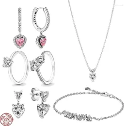 Pierres précieuses en vrac avec argent sterling 925 classique brillant série coeur ensemble collier bracelet boucles d'oreilles bijoux de luxe légers pour femmes