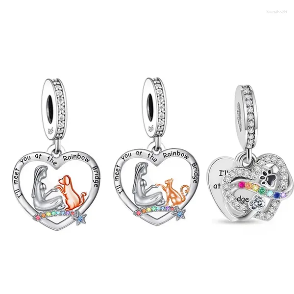 Pierres précieuses en vrac adaptées au bracelet à breloques Original en argent Sterling 925, pont arc-en-ciel, fille et chien, perle de chat pour faire des Berloque commémoratives pour femmes